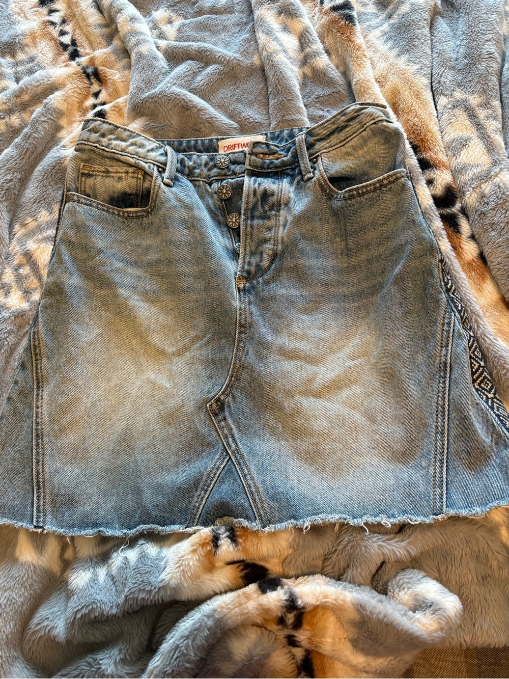DRIFTWOOD faded blue button-front denim skirt